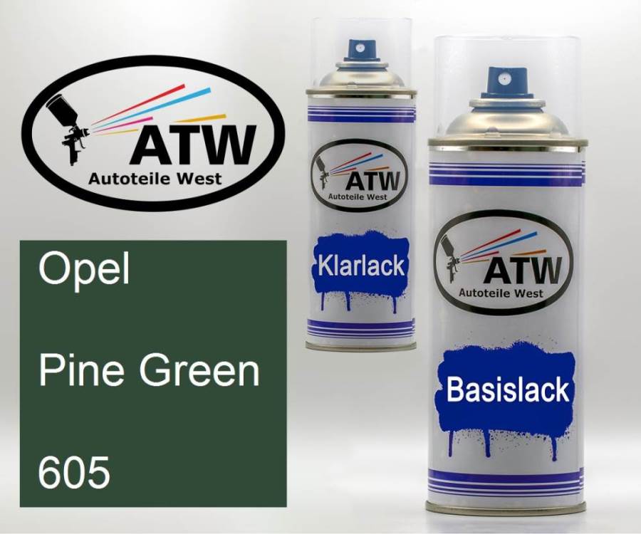 Opel, Pine Green, 605: 400ml Sprühdose + 400ml Klarlack - Set, von ATW Autoteile West.